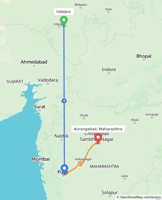 Route map showing distance and travel time from Udaipur, India to Aurangabad, Maharashtra, India