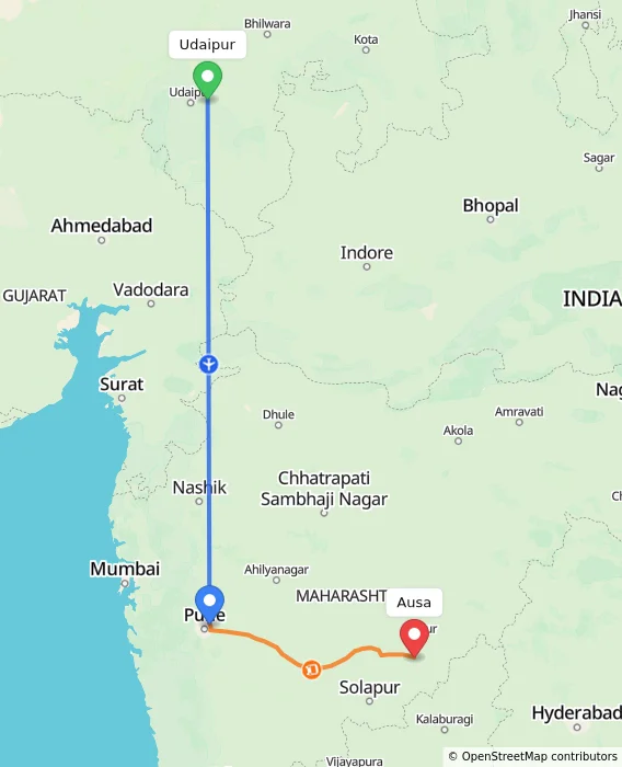 Route map showing distance and travel time from Udaipur, India to Ausa, India