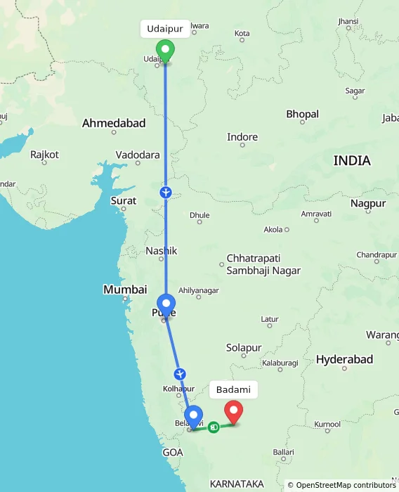 Route map showing distance and travel time from Udaipur, India to Badami, India