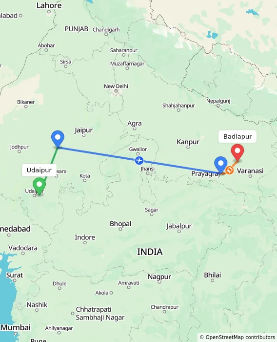 Route map showing distance and travel time from Udaipur, India to Badlapur, India