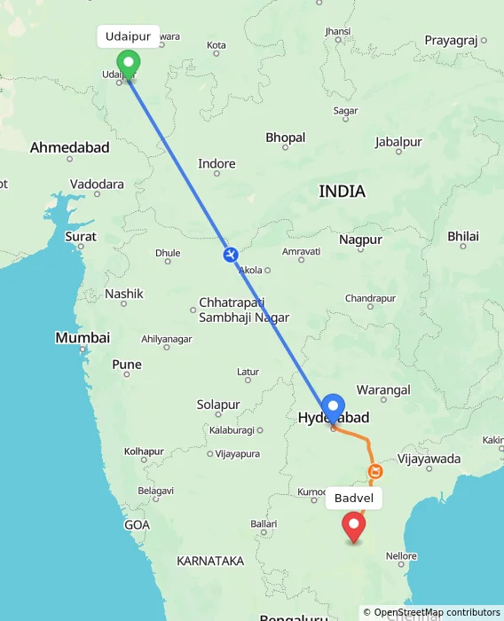 Route map showing distance and travel time from Udaipur, India to Badvel, India