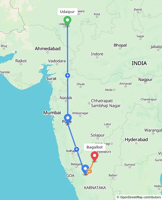 Route map showing distance and travel time from Udaipur, India to Bagalkot, India