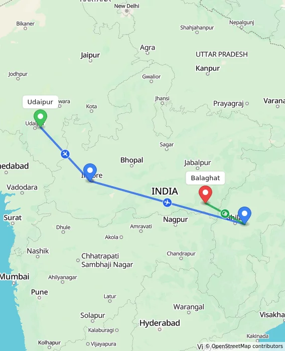 Route map showing distance and travel time from Udaipur, India to Balaghat, India