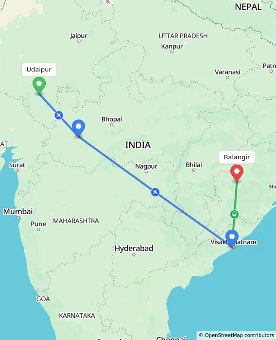 Route map showing distance and travel time from Udaipur, India to Balangir, India