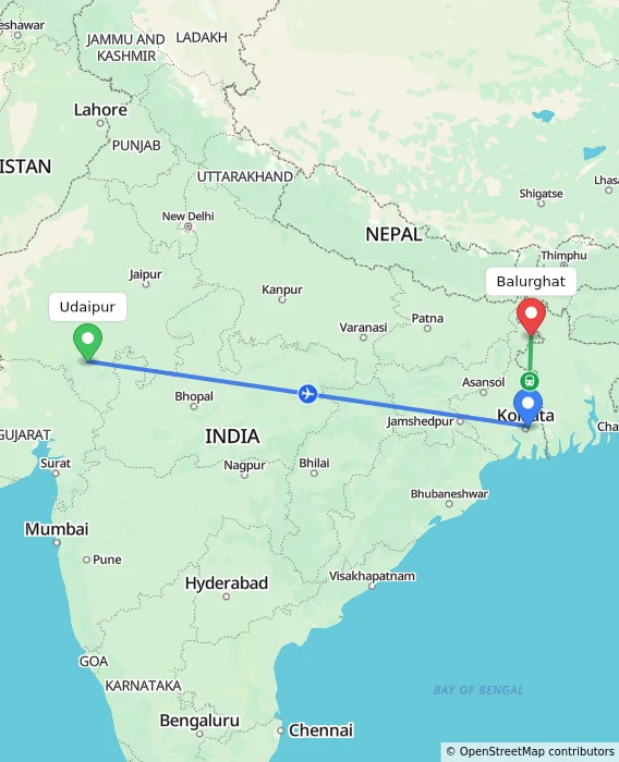 Route map showing distance and travel time from Udaipur, India to Balurghat, India