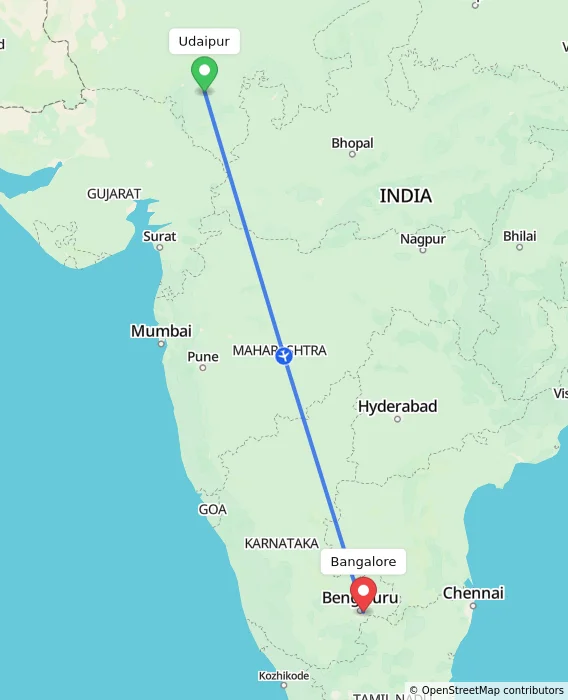 Route map showing distance and travel time from Udaipur, India to Bangalore, India
