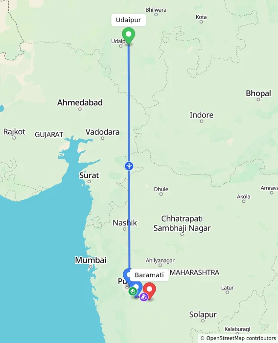 Route map showing distance and travel time from Udaipur, India to Baramati, India