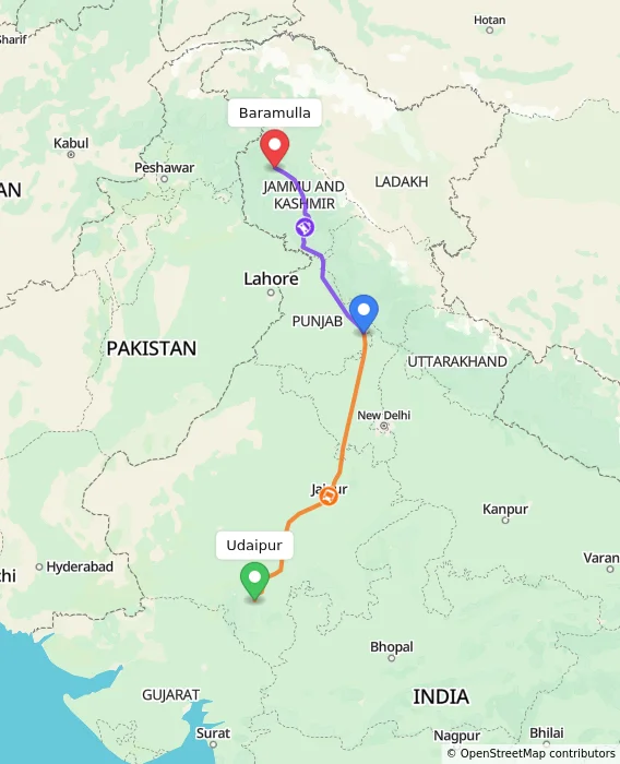 Route map showing distance and travel time from Udaipur, India to Baramulla, India