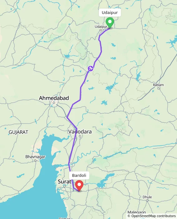 Route map showing distance and travel time from Udaipur, India to Bardoli, India