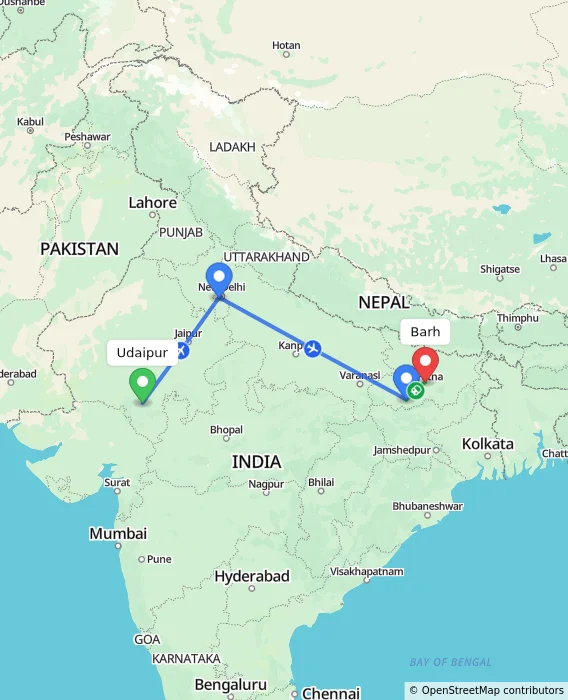 Route map showing distance and travel time from Udaipur, India to Barh, India