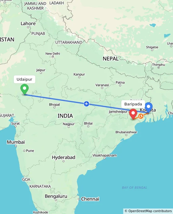 Route map showing distance and travel time from Udaipur, India to Baripada, India