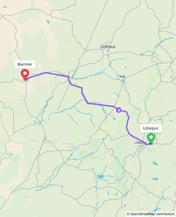 Route map showing distance and travel time from Udaipur, India to Barmer, India