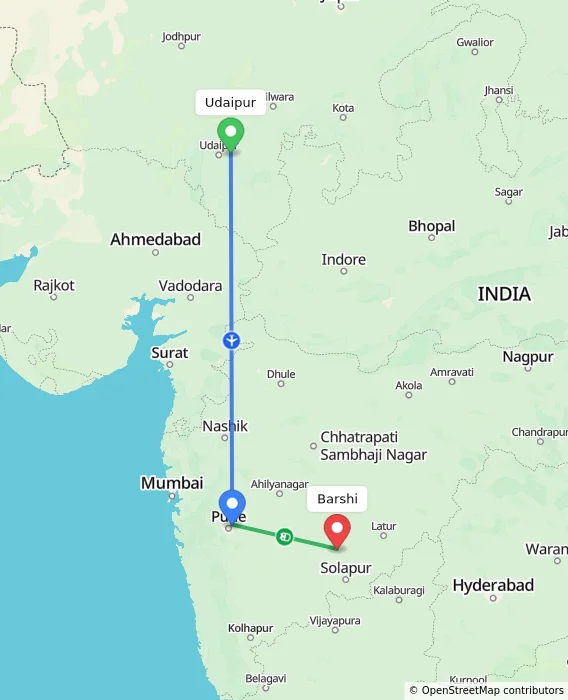 Route map showing distance and travel time from Udaipur, India to Barshi, India