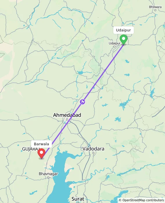 Route map showing distance and travel time from Udaipur, India to Barwala, India