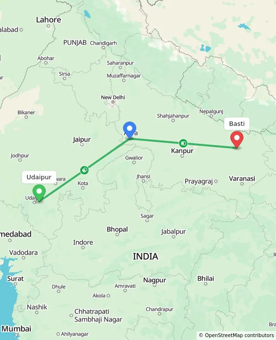 Route map showing distance and travel time from Udaipur, India to Basti, India