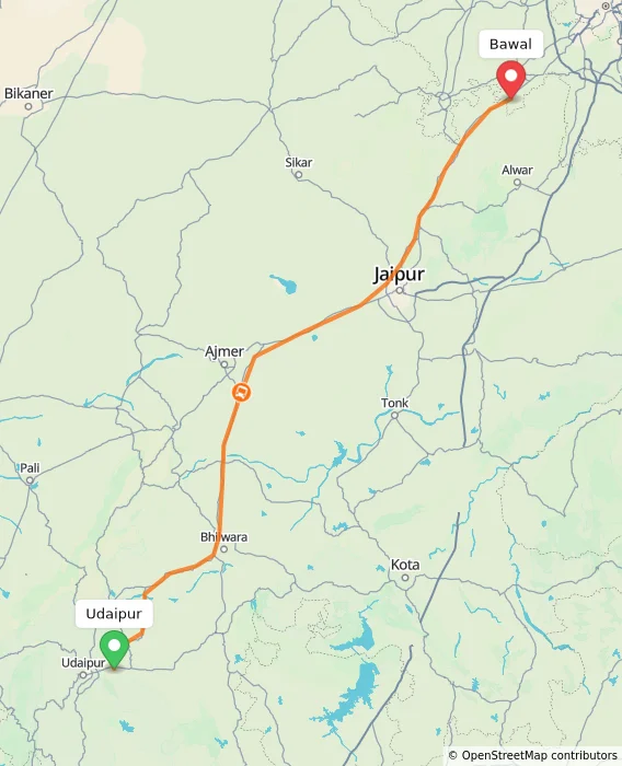 Route map showing distance and travel time from Udaipur, India to Bawal, India