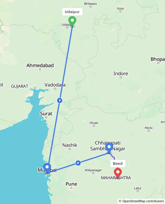 Route map showing distance and travel time from Udaipur, India to Beed, India