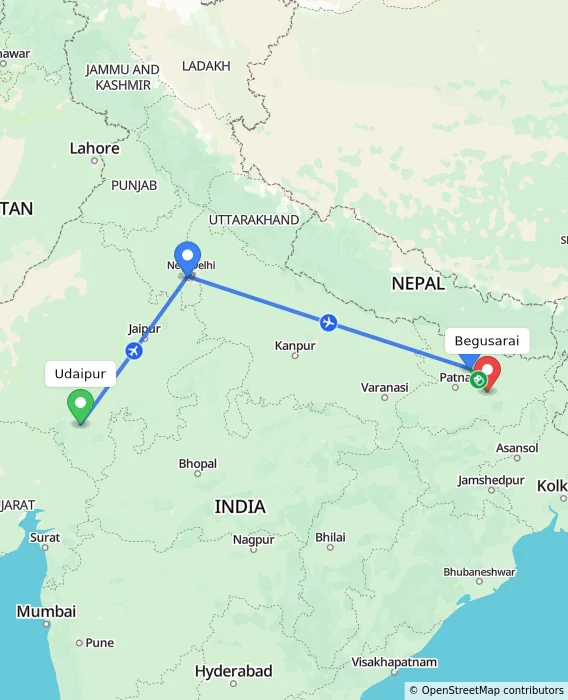 Route map showing distance and travel time from Udaipur, India to Begusarai, India