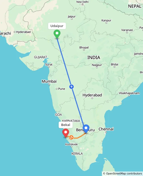 Route map showing distance and travel time from Udaipur, India to Bekal, India