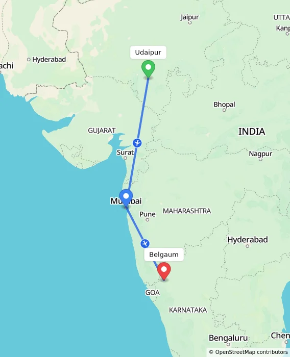 Route map showing distance and travel time from Udaipur, India to Belgaum, India
