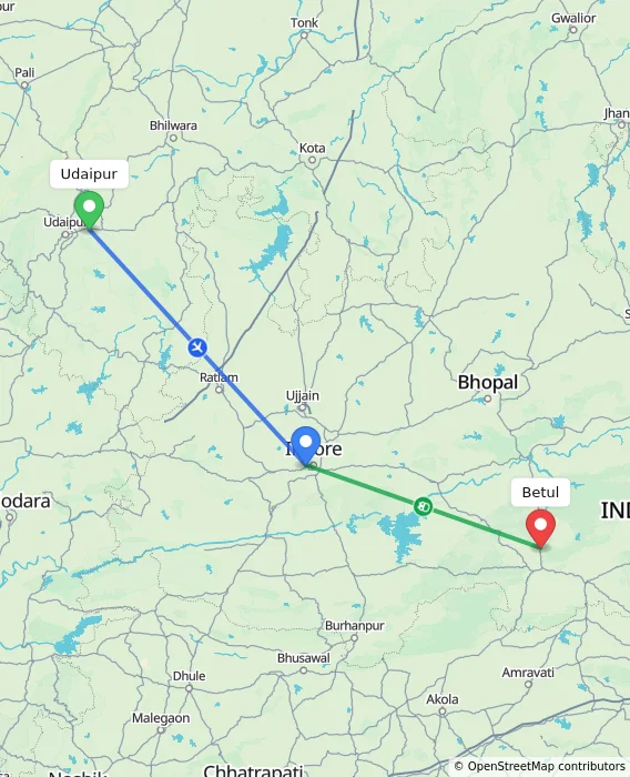 Route map showing distance and travel time from Udaipur, India to Betul, India
