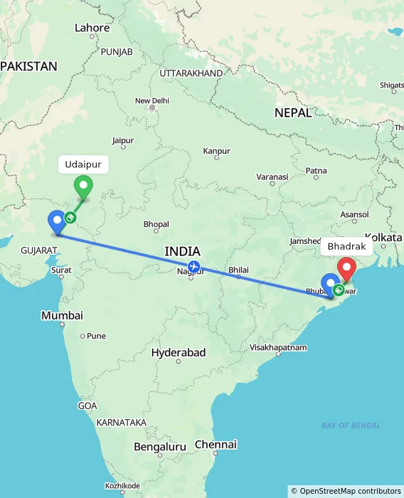 Route map showing distance and travel time from Udaipur, India to Bhadrak, India