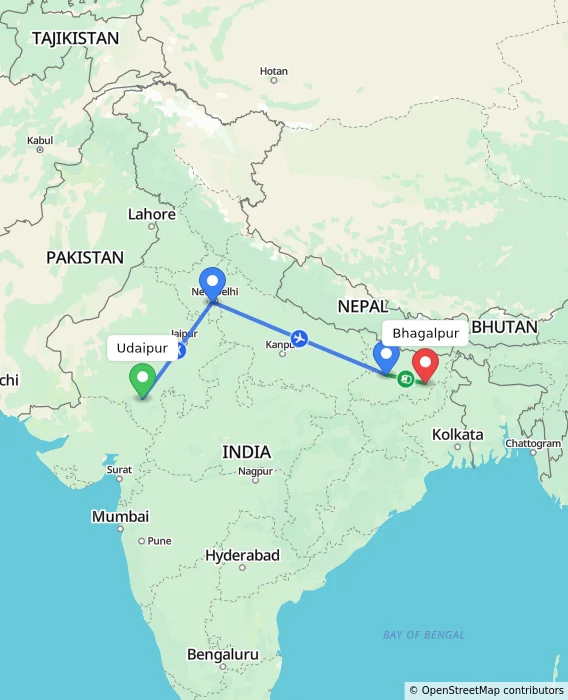 Route map showing distance and travel time from Udaipur, India to Bhagalpur, India