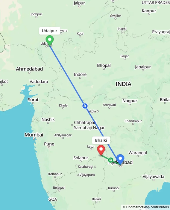 Route map showing distance and travel time from Udaipur, India to Bhalki, India