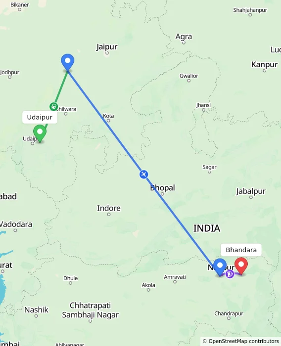 Route map showing distance and travel time from Udaipur, India to Bhandara, India