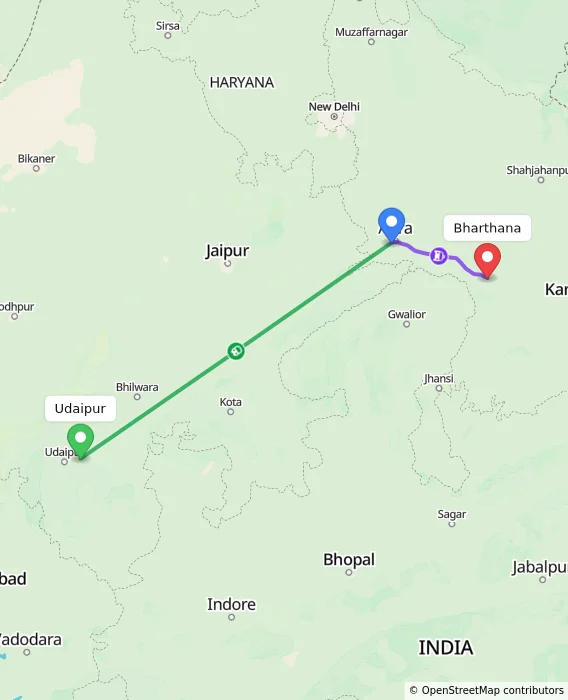 Route map showing distance and travel time from Udaipur, India to Bharthana, India