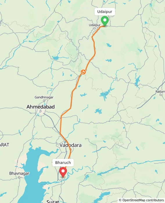 Route map showing distance and travel time from Udaipur, India to Bharuch, India