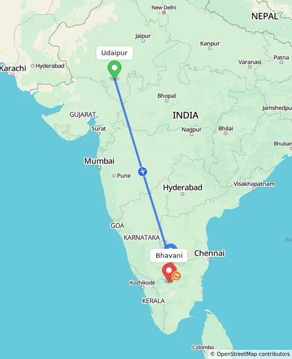 Route map showing distance and travel time from Udaipur, India to Bhavani, India