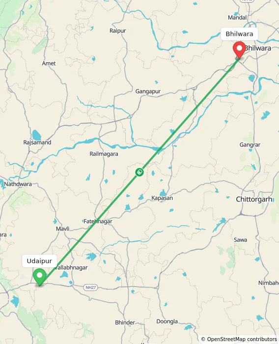 Route map showing distance and travel time from Udaipur, India to Bhilwara, India