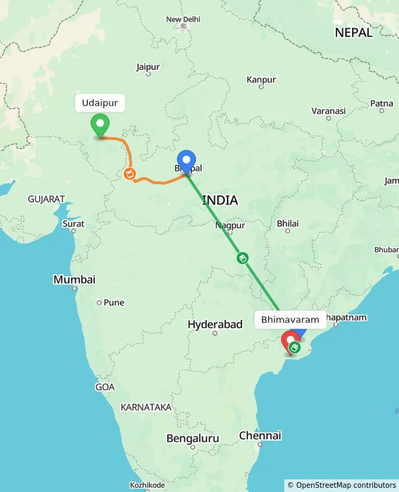 Route map showing distance and travel time from Udaipur, India to Bhimavaram, India