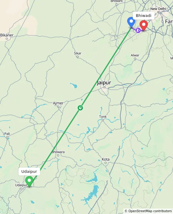Route map showing distance and travel time from Udaipur, India to Bhiwadi, India