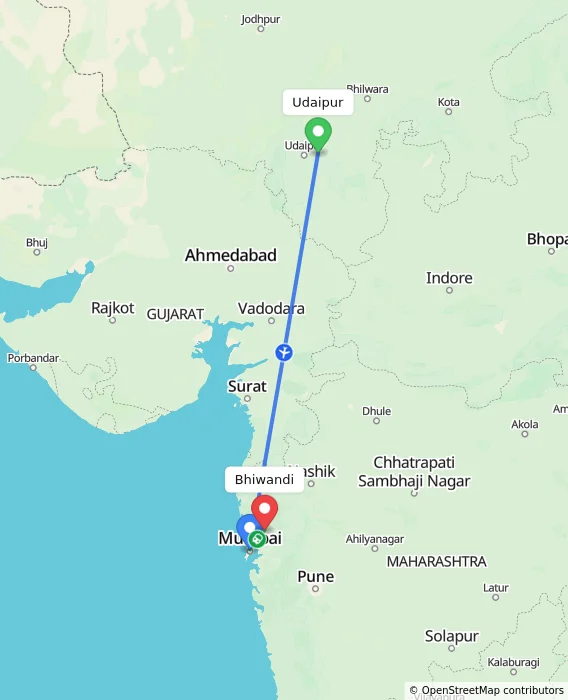 Route map showing distance and travel time from Udaipur, India to Bhiwandi, India