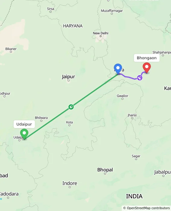 Route map showing distance and travel time from Udaipur, India to Bhongaon, India