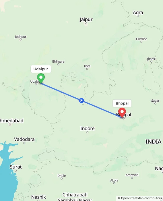 Route map showing distance and travel time from Udaipur, India to Bhopal, India
