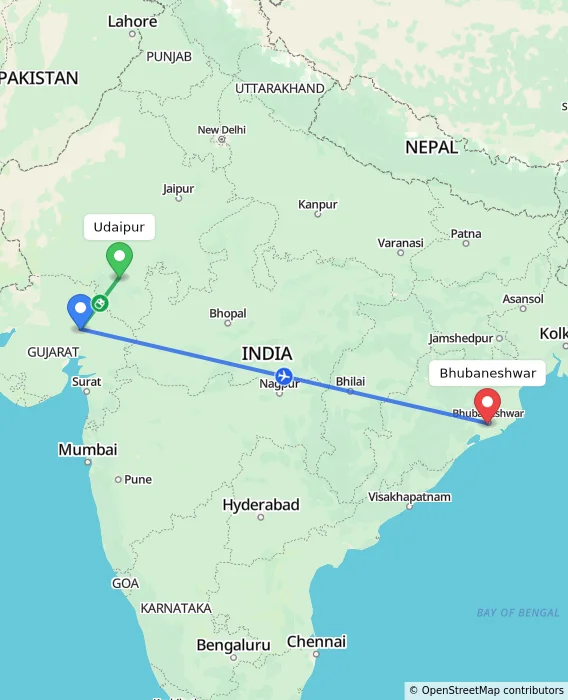 Route map showing distance and travel time from Udaipur, India to Bhubaneshwar, India