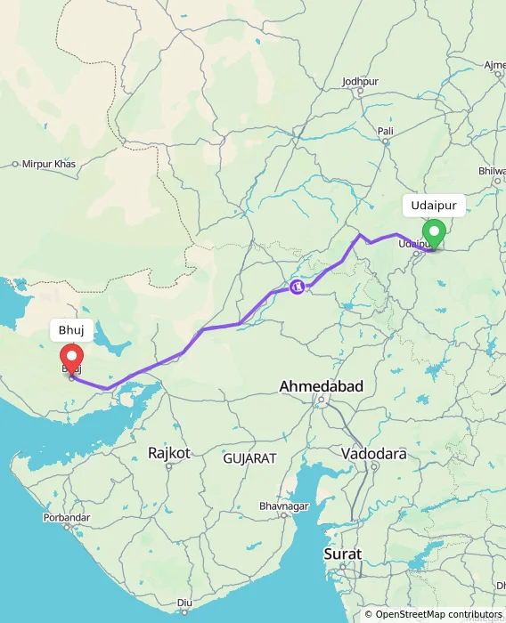 Route map showing distance and travel time from Udaipur, India to Bhuj, India