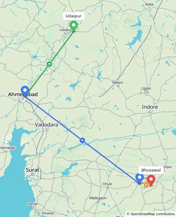 Route map showing distance and travel time from Udaipur, India to Bhusawal, India