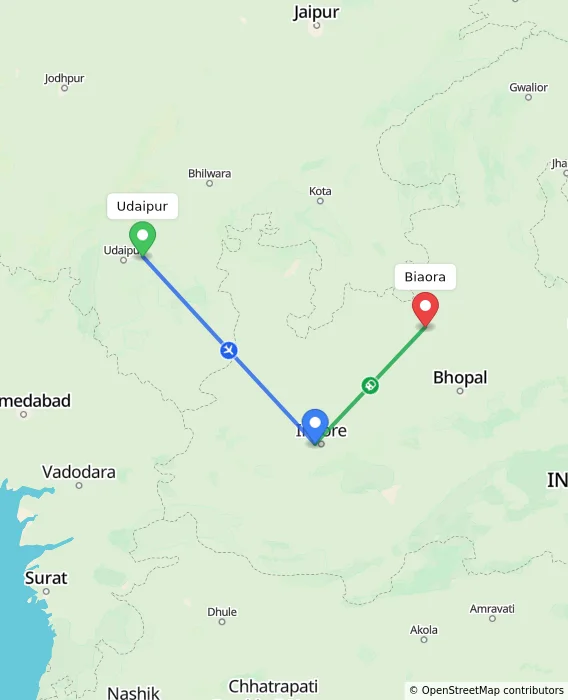 Route map showing distance and travel time from Udaipur, India to Biaora, India
