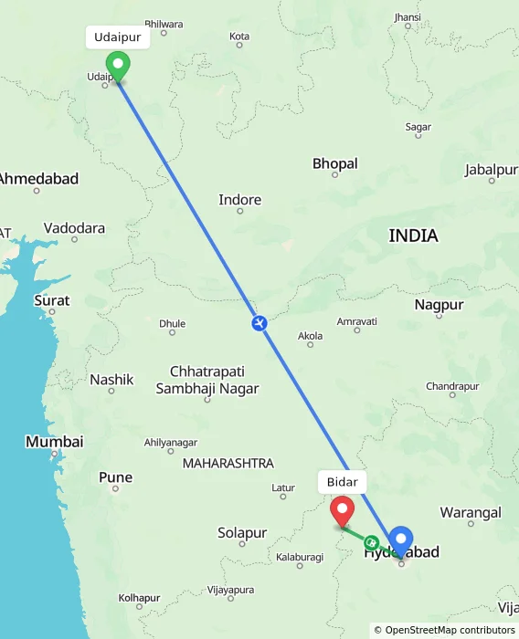 Route map showing distance and travel time from Udaipur, India to Bidar, India