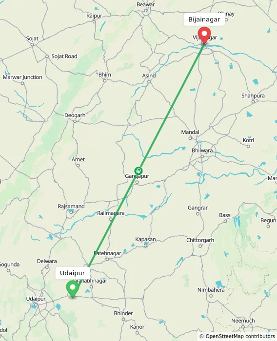 Route map showing distance and travel time from Udaipur, India to Bijainagar, India