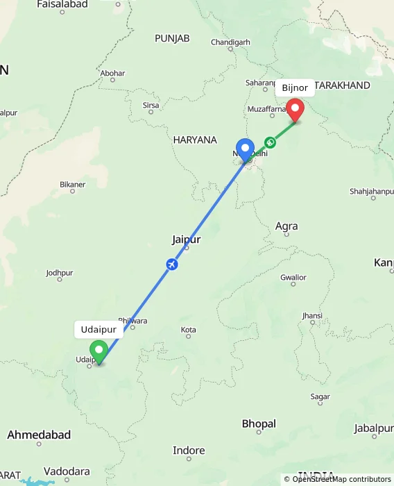 Route map showing distance and travel time from Udaipur, India to Bijnor, India