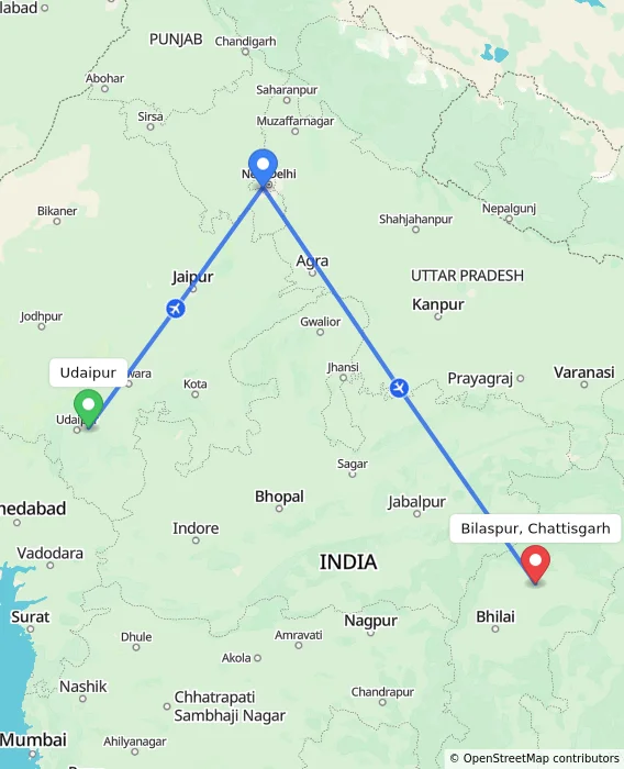 Route map showing distance and travel time from Udaipur, India to Bilaspur, Chattisgarh, India
