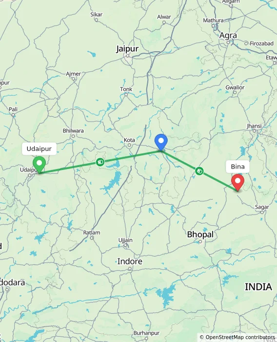Route map showing distance and travel time from Udaipur, India to Bina, India