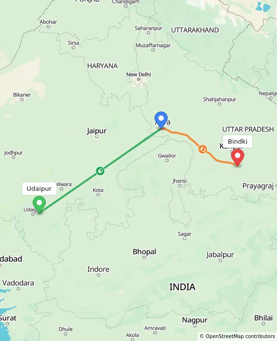 Route map showing distance and travel time from Udaipur, India to Bindki, India
