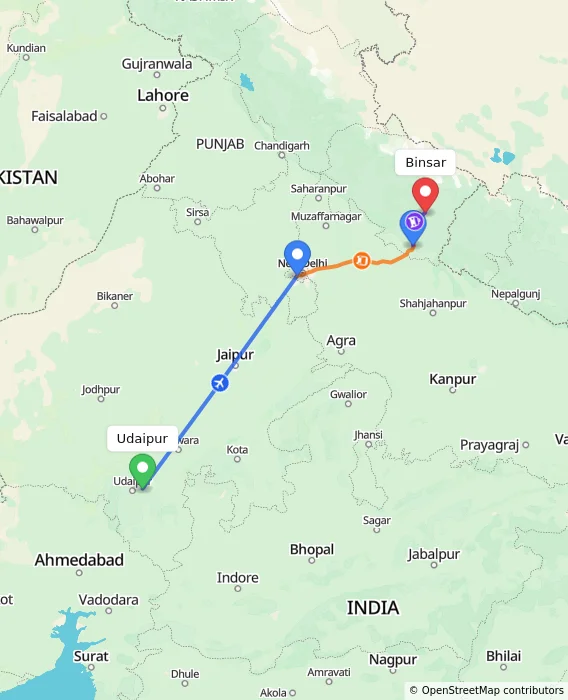 Route map showing distance and travel time from Udaipur, India to Binsar, India
