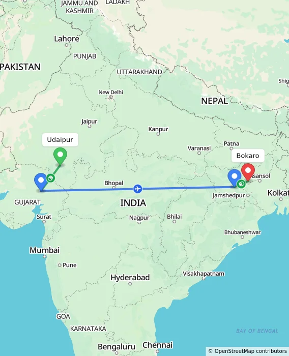 Route map showing distance and travel time from Udaipur, India to Bokaro, India